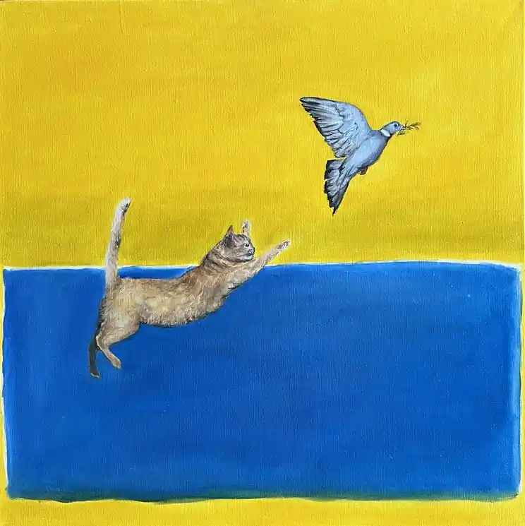 ▷ Minimalist Cat & Bird Chase – Contemporary Abstract Oil Artwork by Victo, 2025 | Oil Painting for Sale Handmade