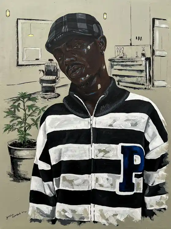 ▷ Portrait of My Barber (At The Barber Shop) by Eyitayo Alagbe, 2023 | Mixed Media Painting Professional Grade
