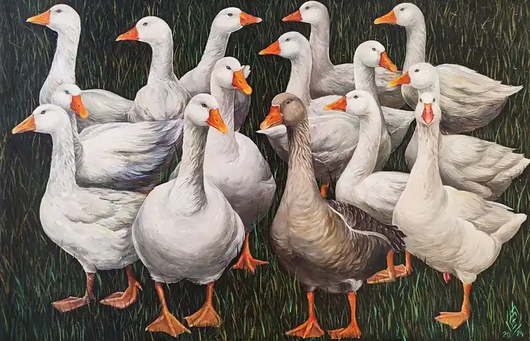 ▷ Portrait of Geese by Oksana Sklym, 2024 | Acrylic Painting Money Back Guarantee