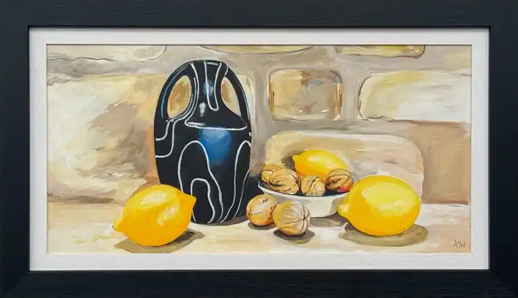 ▷ Still Life Painting with Modern Vase, Lemons & Walnuts on a Farmhouse Stone Wall by Angela Wakefield, 2012 | Acrylic Painting Sale