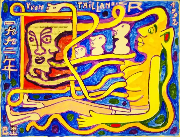 ▷ Sans titre (Personnage à la partition de musique) by Yvon Taillandier, 1992 | Mixed Media Painting Fresh Stock