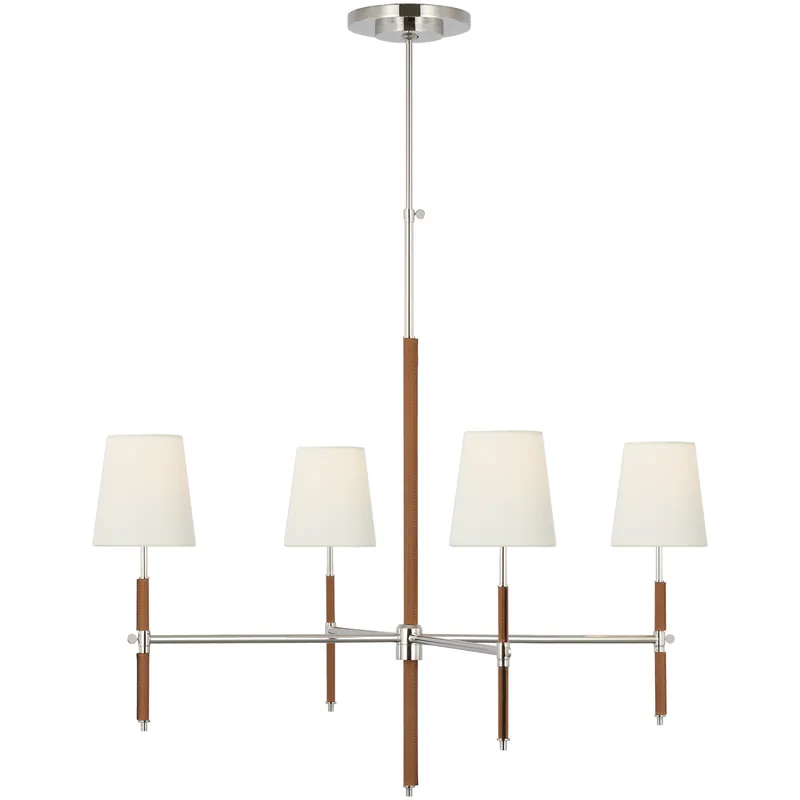 Thomas O'Brien Bryant2 LED 36 inch Polished Nickel and Natural Leather Wrapped Chandelier Ceiling Light, Large Professional Grade