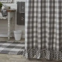 Genuine Grey Check Ruffled Shower Curtain