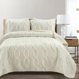 3 Piece Avon Textured Ruffle Quilt Ivory Time-Limited