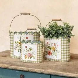 Gingham and Flowers Metal Bucket Set of 3 Trending