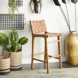 Woven Leather and Teakwood Bar Stool Buy Direct