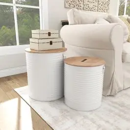 Wood Top Round Metal Storage Stool Set of 2 Cheap