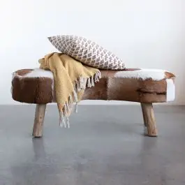 Authentic Cowhide Print Goat Fur Covered Bench
