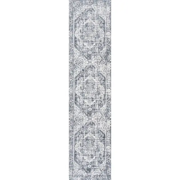 Keesha Bold Distressed Medallion Low-Pile Machine-Washable 2' x 8' Runner Rug - Cream/Blue Secure Checkout