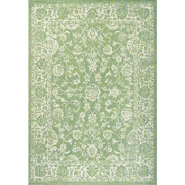 Tela Bohemian Textured Weave Floral 91" L x 63" W Indoor/Outdoor Area Rug - Cream/Green Free Delivery