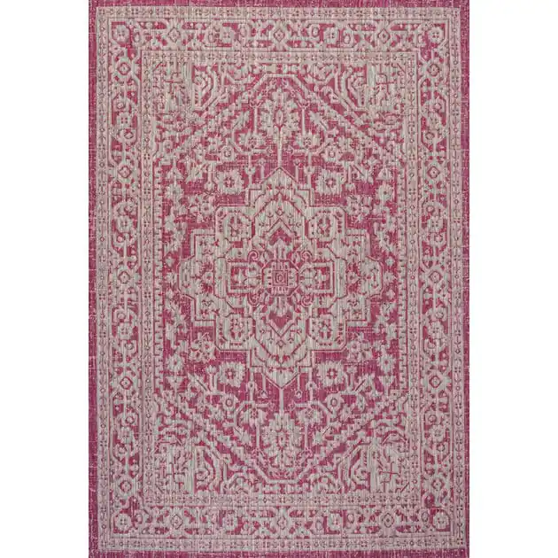 Weekend Sale Sinjuri Medallion Textured Weave 120" L x 93" W Indoor/Outdoor Area Rug - Fuchsia/Light Gray