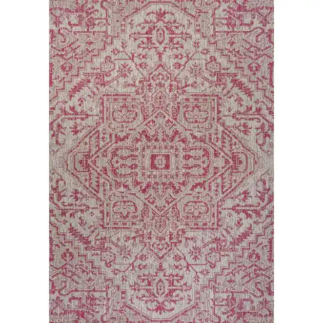 Estrella Bohemian Medallion Textured Weave 120" L x 93" W Indoor/Outdoor Area Rug - Light Gray/Fuchsia Direct From Manufacturer