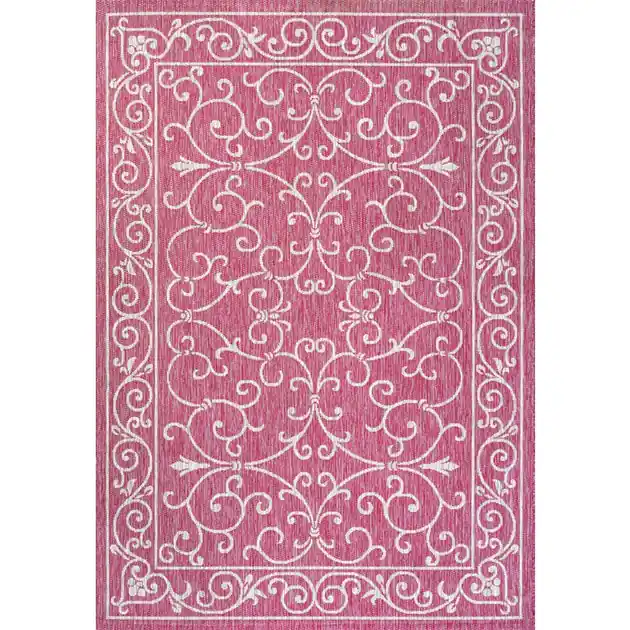 Fan Favorite Charleston Vintage Filigree Textured Weave 144" L x 108" W Indoor/Outdoor Area Rug - Fuchsia/Light Gray