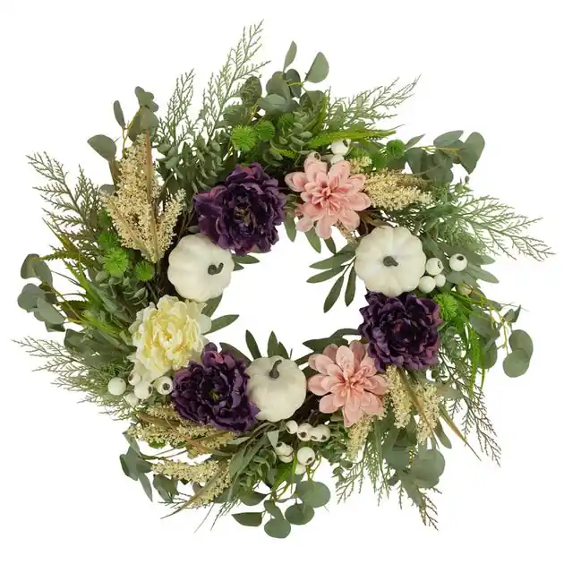 Latest Artificial Wreath Peony and Pumpkin 24 Inch White Plastic Fall