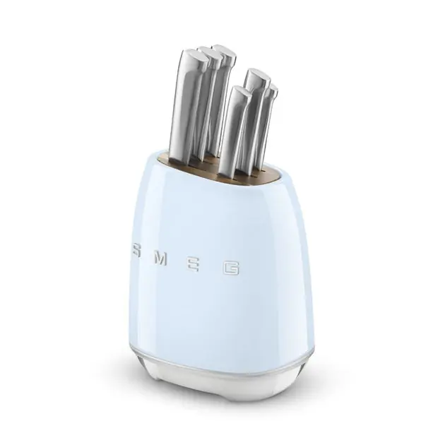 Factory Price 6-Slot Acacia Wood Knife Block with Powder-Coated Steel Housing and 6 Stainless Steel Knives - Pastel Blue