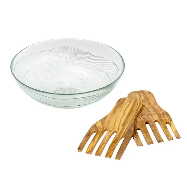 Birch Recycled Clear Glass Birch Salad Bowl and Olive Wood Server Hands Big Sale